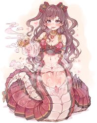 7010 blue_eyes blush bottle bow breasts brown_hair choker cleavage detached_sleeves earrings female frilled_skirt frills granblue_fantasy hairbow heart heart-shaped_pupils heart_pendant ichinose_shiki idolmaster idolmaster_cinderella_girls jewelry lamia large_breasts long_hair long_tongue looking_at_viewer monster_girl navel necklace plaid potion pussy saliva scales skirt slit_pupils smile solo symbol-shaped_pupils tongue tongue_out twintails two_side_up wavy_hair