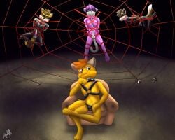 anthro blindfold bondage bondage bound canid canine canis chastity_cage chastity_device clothing drakethefox felid feline fox gag group latex latex_clothing latex_skinsuit leopard male mammal master pantherine restraints rope rope_bondage rope_harness skinsuit slave tight_clothing wolf