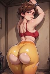 2d ai_generated annoyed annoyed_expression brown_eyes brown_hair bubble_butt cartoon cartoony chains cute female freckles leggings needmymommy overwatch ripped_clothing ripped_leggings sports_bra tied_up tracer western_art