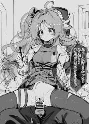 1boy :/ arknights bar_censor censored clothed_sex clothes_lift coat cowgirl_position cum cum_in_pussy cum_overflow dress dress_lift expressionless eyjafjalla_(arknights) female greyscale highres holding holding_pen horns indoors lanyard long_hair monochrome no_nose open_clothes open_coat paofan pen penis reverse_upright_straddle sex sheep_girl sheep_horns speech_bubble stomach_bulge straight time_stop translation_request vaginal_penetration