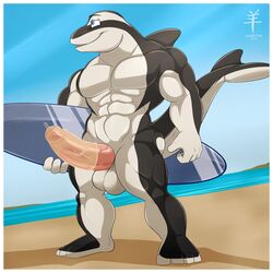 2017 aaron_(artist) abs anthro balls beach biceps big_balls big_muscles big_penis blue_eyes border cetacean condom dolphin erection hi_res huge_balls huge_cock kai_wheatley male male_only mammal marine muscular nude partially_retracted_foreskin pecs penis pepsi_(fa) sea seaside sky solo standing stripper surfboard surfer thick_penis uncut vein water white_border