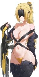 1girls absurdres adapted_costume black_gloves black_jacket black_thighhighs blonde_hair breasts camouflage closed_mouth collarbone commentary cowboy_shot eye_mask facing_viewer female fingerless_gloves gloves gun highleg highleg_panties highres holding holding_gun holding_weapon jacket large_breasts long_hair navel panties ponytail rifle sidelocks simple_background solo stomach thighhighs thighs trigger_(zenless_zone_zero) two-tone_background underwear weapon white_background yellow_panties yonesdraws zenless_zone_zero