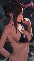 1girls alternate_costume arm_behind_back bikini black_bikini black_hair blurry blurry_background breasts cleavage commentary english_commentary female female_focus final_fantasy final_fantasy_vii final_fantasy_vii_rebirth final_fantasy_vii_remake from_side hand_up highleg highleg_bikini highres j@ck large_breasts looking_ahead navel night night_sky official_alternate_hairstyle outdoors palm_leaf side-tie_bikini_bottom sidelocks sky smile solo strap_gap swimsuit tifa_lockhart underboob