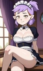 ai_generated amity_blight big_breasts crossed_legs female female_only legitimate long_hair maid maid_headdress maid_outfit maid_uniform pointy_ears ponytail purple_hair sitting sitting_on_table smile smiling smiling_at_viewer solo solo_female the_owl_house thick_thighs yellow_eyes