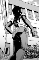 1girls artist_name ass ass_focus black_hair black_pants building chainsaw_man cloud cloudy_sky female female_focus highres huge_ass kaw3r kawery monochrome pants patreon_username shirt sky solo twitter_username white_shirt yoru_(chainsaw_man)
