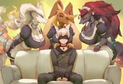 -_-abc 1boy 3girls ai_generated anthro anthro_on_human anticipation black_fur breasts brown_fur bunny clothed dominant_female dragon ears_down erection erection_under_clothes femdom fox fur hands_on_shoulders large_breasts lopunny maid maid_uniform meme multicolored_hair multiple_girls nervous nervous_smile nier:_automata pokemon pokemon_(species) red_hair reshiram simple_background sofa teeth teeth_showing white_fur white_sofa yorha_9s zoroark