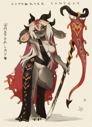 anthro breasts clothed clothing ear_piercing female flag genitals hair hi_res horn jewelry lagomorph leporid looking_at_viewer mammal nipples partially_clothed piercing rabbit red_eyes robe robe_only simple_background solo staff veil vulva waspsalad white_hair yellow_sclera