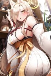 absurdres animal_ears ass asymmetrical_bangs bare_shoulders blonde_hair blue_archive blush breasts detached_sleeves doyoon_7 eyeliner female fox_ears hair_over_one_eye hairband halo highres japanese_clothes kaho_(blue_archive) kimono large_breasts long_hair long_skirt looking_at_viewer looking_back low-tied_long_hair makeup multi_ear open_mouth pleated_skirt red_rope revision rope sash shelf short_eyebrows sideboob skirt sleeveless sleeveless_kimono solo stuffed_toy tassel thick_eyebrows very_long_hair white_kimono white_skirt wide_sleeves yellow_eyes
