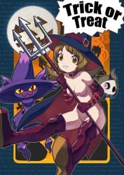 1girls bee-j1 breasts brown_eyes brown_hair female halloween halloween_costume light-skinned_female looking_at_viewer lyra_(pokemon) makoto_daikichi pokemon pokemon_hgss small_breasts witch_hat