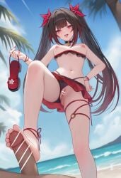1boy absurdres bar_censor barefoot beach bell bikini bikini_bottom_aside bikini_top_pull black_bikini black_hair blue_sky cc_lin censored clothing_aside commentary_request feet female footjob highres holding holding_sandals honkai:_star_rail honkai_(series) long_hair mosaic_censoring navel neck_bell nipples ocean outdoors palm_tree penis purple_eyes pussy sandals sky soles sparkle_(honkai:_star_rail) stomach straight swimsuit toes tongue tongue_out tree twintails very_long_hair