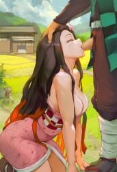 1boy 1girls ai_generated black_hair blowjob breasts brother_and_sister cock cum_in_mouth dick dick_in_mouth female field hand_on_head incest japanese kamado_nezuko kamado_tanjirou lucakp male mouth_full multicolored_hair nezuko_kamado outside partially_clothed penis penis_in_mouth rural sucking_dick