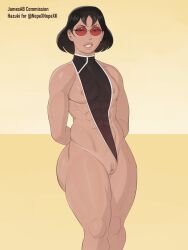 1girls 2025 arms_behind_back breasts female hazuki_terashima jamesab muscular muscular_female pussy scar_across_eye shaved_pussy small_breasts solo solo_female sunglasses swimsuit swimsuit_aside useless_clothing