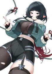 1girls absurdres animal_ears black_gloves black_hair black_pantyhose black_shorts black_thighhighs blush breasts commentary female fingerless_gloves fingernails fur-trimmed_jacket fur_trim gloves green_eyes grey_jacket highres jacket jane_doe_(zenless_zone_zero) large_breasts looking_at_viewer mintz912 mouse_ears mouse_girl mouse_tail musical_note nail_polish pantyhose red_nails short_shorts shorts simple_background single_leg_pantyhose single_thighhigh smile solo tail thighhighs thighs torn_clothes torn_pantyhose torn_thighhighs white_background zenless_zone_zero