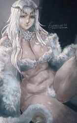 absurdres breasts cleavage closed_mouth crossbreed_priscilla curtained_hair curvy dark_souls_(series) dark_souls_i dated dragon_girl exobelos female fluffy fluffy_tail giant giantess green_eyes hand_on_own_knee highres in-universe_location knee_up large_breasts long_hair monster_girl priscilla_the_crossbreed pubic_hair sidelocks signature sitting slit_pupils solo stomach sweat tail white_hair