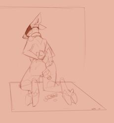 2019 anthro ass balls blindfold bondage bound cervid fur hooves improvised_dildo improvised_sex_toy kneeling male male_only mammal simple_background solo wuffe