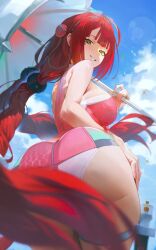 1girls ass blue_sky blurry braid braided_twintails breasts cloud cloudy_sky depth_of_field eyewear_on_head female from_behind from_below green_eyes heart heart-shaped_eyewear highres holding holding_umbrella large_breasts long_hair looking_at_viewer looking_back low_twin_braids mixed-language_commentary official_alternate_costume one-piece_swimsuit paid_reward_available pink_one-piece_swimsuit red_hair sky smile solo swimsuit thighs twin_braids two-tone_one-piece_swimsuit ukinami_yuzuha ukinami_yuzuha_(tanuki_in_broad_daylight) umbrella white_one-piece_swimsuit yonesdraws zenless_zone_zero