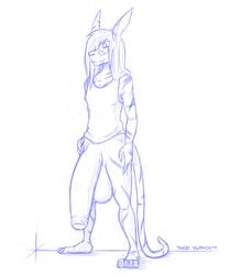 anthro balls big_balls blue_theme bottomless clothed clothing flaccid hair hidden_(artist) huge_balls humanoid_penis hyper hyper_penis long_hair male penis scalie sketch smile solo standing theo_vlondett uncut