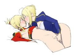 2girls absurdres ahoge armpits artoria_pendragon ass bottomless braid breasts cleavage_cutout commentary_request daughter detached_sleeves eye_contact eyebrows_visible_through_hair fate/apocrypha fate/grand_order fate/stay_night fate_(series) female_only fingering french_braid from_side hair_tie highres incest jikatarou juliet_sleeves long_sleeves looking_at_another lying medium_breasts mordred_(fate) mother mother_and_child mother_and_daughter multiple_girls on_back parent parent_and_child parent_and_daughter puffy_sleeves sidelocks simple_background sweatdrop underboob white_background yuri zikataro