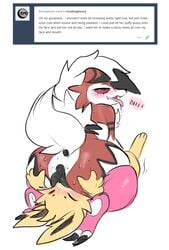 1girls ambiguous_gender animal_genitalia anus ass blush clothing drooling eeveelution facesitting furry hexeix interspecies jolteon legwear lycanroc midnight_lycanroc nintendo oral pokemon pokemon_sm pussy rubber saliva stockings sweat text thick_thighs tongue tongue_out video_games