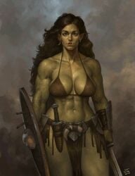 abs absurd_res absurdres bare_arms bare_midriff bare_shoulders bare_thighs biceps blue_eyes broad_shoulders brown_hair brown_hair brunette_hair clavicle curvaceous curvaceous_female curvaceous_figure curves curvy curvy_body curvy_female curvy_figure curvy_hips curvy_thighs digital_drawing_(artwork) digital_media_(artwork) digital_painting_(artwork) fantasy female female_focus female_only green_skin hourglass_figure justsomenoob large_breasts looking_at_viewer muscular no_visible_genitalia nonsexual nonsexual_nudity orc orc_female original original_character posing_with_weapon scars scars_all_over shield six_pack solo solo_female solo_focus sword tasteful tasteful_nudity thunder_thighs thunderthighs toned toned_body toned_female toned_legs toned_stomach voluptuous voluptuous_body voluptuous_female warrior weapon wide_hips