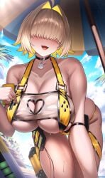 :d absurdres ahoge all_fours bare_shoulders beach beach_umbrella black_choker blonde_hair blue_sky blush breasts choker cleavage_cutout clothing_cutout cloud collarbone colored_inner_hair curvy day eiryu33 elegg_(boom_and_shock)_(nikke) elegg_(nikke) female goddess_of_victory:_nikke hair_intakes hanging_breasts heart_cutout highres huge_breasts long_bangs multicolored_hair ocean official_alternate_costume open_mouth outdoors palm_tree sand see-through_clothes short_hair skindentation sky slingshot_swimsuit smile solo swimsuit thick_thighs thighs tree umbrella water wet