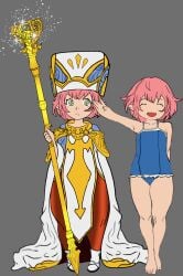 2girls :< :d ^_^ arms at back, background, bare barefoot behind blue body, boots, cape, chest closed competition ear eyes facing female flat footwear full girls green grey hair hat, headwear holding holding, legs, looking mapping:_the_trash-tier_skill_that_got_me_into_a_top-tier_party mitre, mouth multiple one-piece open pantyhose, pink pointy safe_for_work salute, school short simple smile staff staff, standing, swimsuit swimsuit, tabard, viewer, views, wankofool white