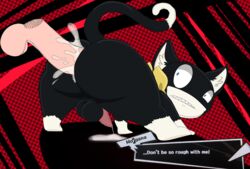 anal anal_sex animal_humanoid balls bandana barbed_penis bent_over blue_eyes cat_humanoid cat_tail cum feline humanoid humanoid_penis male mammal megami_tensei morgana_(persona) penetration penis persona salamikii simple_background spread_legs spreading teeth thick_thighs wide_hips yaoi