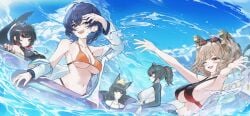 5girls ;d absurdres animal_ears belle_(zenless_zone_zero) bikini black_bikini blue_hair blue_sky blush breasts burnice_white cloud day ellen_joe eyewear_on_head female fins fish_tail fox_ears fox_girl highres hoshimi_miyabi k.j. large_breasts looking_at_viewer medium_breasts multicolored_bikini multicolored_hair multiple_girls ocean one_eye_closed open_mouth orange_bikini outdoors partially_submerged ponytail red_bikini red_eyes red_hair shark_girl shark_tail short_hair sky smile summer sunglasses swimsuit tail two-tone_bikini two-tone_hair zenless_zone_zero zhu_yuan