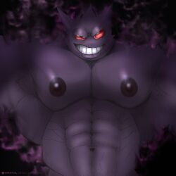 1boy armpits black_background dark_background gengar grin male male_only muscles muscular muscular_male nipples pokemon pokemon_(species) purple_hair purple_skin red_eyes smoke solo upper_body vikifox_(artist)