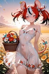 1girls ai_generated arbitrary blush breasts covered_nipples dress female flower flower_in_hair flowers hakos_baelz hololive hololive_english hololive_english_-council- nipples_visible_through_clothing no_bra no_panties outdoors pussy pussy_visible_through_clothes rat_ears rat_girl rat_tail red_hair see-through small_breasts solo sunset virtual_youtuber vtuber wind