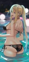 :d ass ass_crack bikini black_bikini blonde_hair blue_eyes blurry blurry_background breasts butt_crack darkness_(konosuba) female female_focus hair_between_eyes highres j@ck kono_subarashii_sekai_ni_shukufuku_wo! large_breasts long_hair open_mouth partially_submerged ponytail side-tie_bikini_bottom sideboob smile solo swimsuit underboob