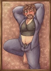 arms_behind_head bara beard brown_hair chubby chubby_male identity_v kurt_frank open_shirt scar smile wink yunartsn