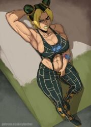 1girls abs athletic big_breasts breasts cyberboi female female_only green_hair green_lipstick huge_breasts human jojo's_bizarre_adventure jolyne_kujo muscular muscular_female prison solo stone_ocean tagme