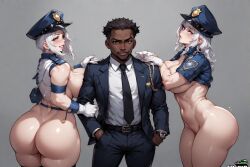 1male 2girls ai_generated clothed_male_nude_female cop dark-skinned_male female half-dressed male nude nude_female pussy suit white_girl