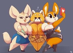 2020 aggressive_retsuko aggretsuko ailurid antelope anthro areola assisted_exposure big_breasts big_ears big_eyes biped black_clothing black_eyes black_nose blue_clothing blush bodily_fluids bottomwear bovid breast_squish breasts breasts_frottage canid canine cellphone clothed clothing clothing_lift dipstick_tail dress electronics english_text eyelashes female fennec_fox fenneko flying_sweatdrops footwear fox front_view fur gazelle grey_nose group holding_object horn huge_ears joelasko light_body light_fur long_tail mammal markings multicolored_tail nervous nipples no_sclera orange_areola orange_body orange_fur orange_nipples orange_skin pale_fur partially_clothed pencil_skirt phone pink_areola pink_body pink_nipples pink_skin pouting red_panda retsuko sanrio selfie shirt shirt_lift shoes short_tail shortstack signature skirt smug squish standing surprise sweat sweatdrop tail tail_markings tan_body tan_fur text thick_thighs thomson's_gazelle topwear trio true_antelope true_fox tsunoda_(aggretsuko) white_body white_fur wide_hips