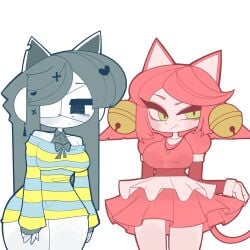 2girls 4_ears ass bell bells black_eyes blush bow bowtie cat_ears clothing cozy cute dog_ears eyelashes eyepatch furry furry_female furry_only goth goth_girl gothic gray_hair green_eyes hair_ornament hss_dada huge_ass huge_butt huge_thighs hybrid long_hair mad_mew_mew medium_breasts neko pear-shaped_figure pear_shaped pink_body pink_clothing pink_fur pink_hair ribbon sad short_hair shoulders shy skirt skirt_lift striped_clothing temmie temmie_(undertale) tired tired_eyes