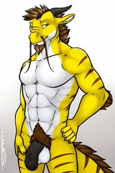 2017 5_fingers abs anthro balls beard biped black_horn black_penis blue_eyes brown_hair brown_scales brown_stripes brown_tail bulge claws dragon eastern_dragon elbow_tufts eyebrows facial_hair flaccid flesh_whiskers front_view goatee gradient_background hair hand_on_hip hi_res horn humanoid_penis looking_at_viewer male male_only multicolored_scales multicolored_tail muscular muscular_male navel pecs penis portrait pubes scales scalie serith signature simple_background smile snout solo standing striped_scales striped_tail stripes three-quarter_portrait tsaiwolf tuft two_tone_tail uncut vein veiny_penis whiskers white_balls white_claws white_scales yellow_scales yellow_tail