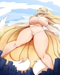 absurd_res amber_eyes angry animal_humanoid areola big_breasts big_tail breasts canid canid_humanoid canine canine_humanoid city curvy_figure dipstick_ears dipstick_tail dragoontequila_(artist) ear_markings facial_markings female fluffy fluffy_tail fox fox_humanoid genitals hair head_markings hi_res huge_breasts humanoid humanoid_genitalia humanoid_hands humanoid_vulva light_body light_skin long_hair macro macro_female mammal mammal_humanoid markings monotone_hair multi_tail multicolored_ears navel nipples nude orange_hair pink_areola pink_nipples sky solo standing tail tail_markings thick_tail thick_thighs voluptuous vulva whisker_markings wide_hips