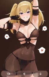 1girls absurdres ani_(twitter) ani_(xai) arm_up armband armpits bare_shoulders black_armband black_bra black_choker black_dress black_gloves black_panties blue_eyes blush bra breasts brown_background choker cleavage commentary contrapposto dress female gloves grok grok_(x) grok_(xai) hair_between_eyes heart highres lace lace-trimmed_gloves lace_bra lace_choker lace_collar lace_trim large_breasts long_hair looking_at_viewer panties see-through_clothes see-through_skirt skirt smile solo spoken_heart sweat twintails twitter underwear weimiaw xai_(company)
