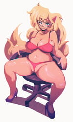 2017 anthro big_breasts bikini blonde_hair blue_eyes breasts callie_briggs chair clothing eyewear feline feline female footwear glasses hair high_heels long_hair looking_at_viewer mammal navel presenting presenting_pussy pussy pussy_floss riendonut shoes simple_background sitting solo spread_legs spreading swat_kats swimsuit white_background