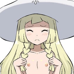 1girls areolae blonde_hair blush braids closed_eyes embarrassed erect_nipples eyelashes female female_only flat_chest gomatarou hat lillie_(pokemon) long_hair nipples nude pokemon pokemon_sm simple_background solo twin_braids white_background