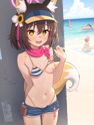 1girls animal_ears areolae beach belly bikini bikini_bottom bikini_top blue_archive blush bra bra_strap_pull breasts brown_hair cleavage cute_fang dutch_angle embarrassed exhibitionism fangs female female_only hair_accessory halo izuna_(blue_archive) izuna_(swimsuit)_(blue_archive) jean_shorts kemonomimi light-skinned_female light_skin looking_at_viewer navel nervous nipples open_mouth outdoors outside petite presenting presenting_breast public public_nudity scarf short_hair short_shorts shorts small_breasts solo solo_focus special_cat standing stealth stomach sweatdrop tail thong unbuttoned_shorts waist yellow_eyes