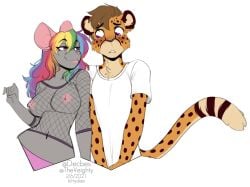 2021 anthro areola big_breasts blush breasts cheetah clothed clothing countershading dani_taylor digital_media_(artwork) duo eyebrows eyelashes felid feline female fishnet_clothing fishnet_shirt fishnet_topwear fur half-closed_eyes ineffective_clothing kittydee leaning_on_another male mammal markings mouse multicolored_hair murid murine narrowed_eyes nipples pink_areola pink_nipples rainbow_hair rodent shirt simple_background smile smiling_at_partner spots spotted_body spotted_fur topwear translucent translucent_clothing translucent_shirt translucent_topwear white_background zachariah_(velocitycat)
