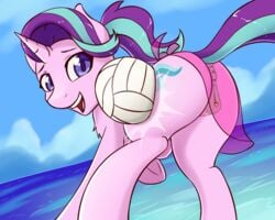 2017 anus ass clitoris cutie_mark edit equine fearingfun female feral friendship_is_magic fur horn looking_at_viewer mammal multicolored_hair my_little_pony open_mouth outdoors pink_fur purple_eyes pussy see-through smile solo sport starlight_glimmer two_tone_hair unicorn volleyball water