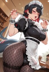 ai_generated apron artist_name black_hair blush breasts bulge colored_inner_hair covered_penis ear_piercing ellen_joe erection erection_under_clothes fish_tail fishnet_pantyhose fishnets futanari futarush hoyoverse indoors large_breasts leotard looking_at_viewer maid_headdress mole mole_under_eye multicolored_hair open_mouth pantyhose patreon patreon_username piercing puffy_short_sleeves puffy_sleeves red_eyes red_hair red_nails shark_girl shark_tail sharp_teeth short_hair short_sleeves solo spikes sultryspark tail teeth tongue waist_apron wrist_cuffs zenless_zone_zero