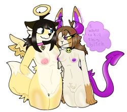 2girls angel angel_girl angel_wings angry angry_vein anthro aura breasts canela_(canelitabunny) canelitabunny collar collar_bell demon demon_girl demon_horns demon_tail fox fox_ears fox_girl fox_humanoid fox_tail furry nervous nervous_smile oc original_character pink_nipples purple_nipples rabbit rabbit_ears rabbit_humanoid succubus_horns succubus_tail toxic_relationship toxic_yuri yuri