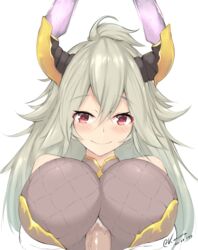 1boy 1girls bangs bare_shoulders blush breasts dated doraf female granblue_fantasy grey_hair hair_between_eyes heart heart-shaped_pupils horns huge_breasts kuavera long_hair looking_at_viewer paizuri penis red_eyes signature simple_background smile symbol-shaped_pupils threo_(granblue_fantasy) white_background