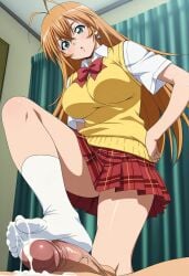 1boy ai_generated artist_request cum cum_in_feet female foot_fetish foot_focus foot_play foot_worship footjob from_below green_eyes ikkitousen large_breasts large_penis orange_hair penis sonsaku_hakufu