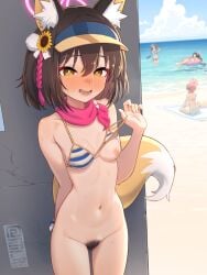 1girls animal_ears areolae beach belly bikini bikini_top blue_archive blush bra bra_strap_pull breasts brown_hair bushy_pubes cleavage commando dutch_angle embarrassed exhibitionism female female_only female_pubic_hair hair_accessory hairy_pussy half-closed_eyes halo heavy_blush izuna_(blue_archive) izuna_(swimsuit)_(blue_archive) kemonomimi light-skinned_female light_skin looking_at_viewer navel nipples no_panties open_mouth open_smile outdoors outside presenting presenting_breast pubic_hair public public_nudity pussy scarf seductive sexually_suggestive short_hair small_breasts solo solo_focus special_cat standing stealth stomach sweatdrop tail waist yellow_eyes