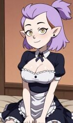 ai_generated amity_blight big_breasts female female_only legitimate long_hair maid maid_outfit maid_uniform pointy_ears ponytail purple_hair sitting sitting_on_bed smile smiling smiling_at_viewer solo solo_female the_owl_house yellow_eyes